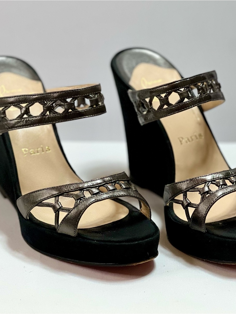 Christian Louboutin Metallic Gray and Black Wedge Sandals